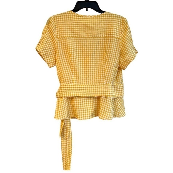MAX STUDIO, YELLOW/WHITE, GINGHAM, SEERSUCKER TOP. WRAP WITH SASH TIE. SIZE M - Picture 5 of 8